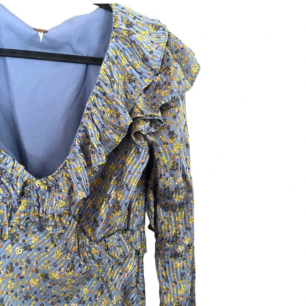 Free People Sweetest Thing Mini Dress Midnight Cowboy Blue Floral Ruffle Size 12